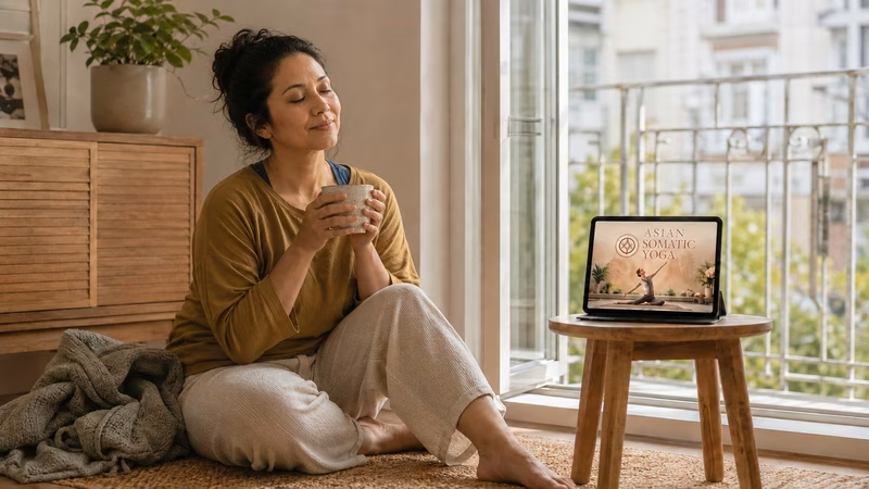 Woman performing a slow, mindful somatic floor stretch for pain relief.